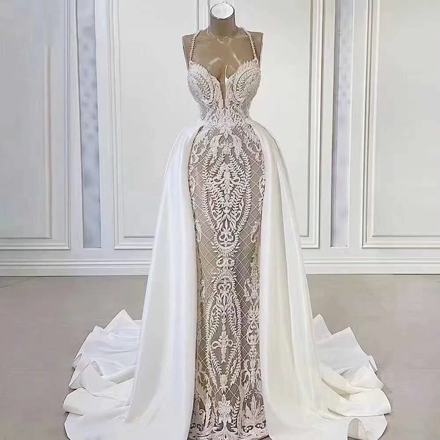 Vestido De Noiva 2025 Lace Wedding Dresses With Detachabe Train Illusion Appliqued Long Dubai Arabic Bridal Gowns For Women Custom Bride Dress