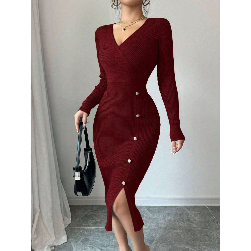 2025 French Style Autumn Winter Waist-Cinching Mid-Length Bodycon Inner Layer Tight Knitted Dress