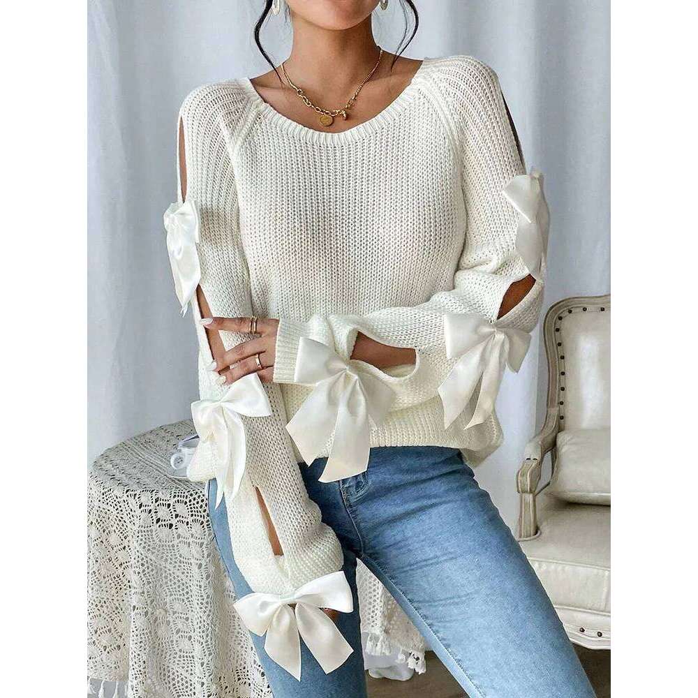 Fashionable Bow Details Hollowed Out Raglan Sleeves Knit Round Neck Minimalist Sweater Designer Sweater Bear Sweater