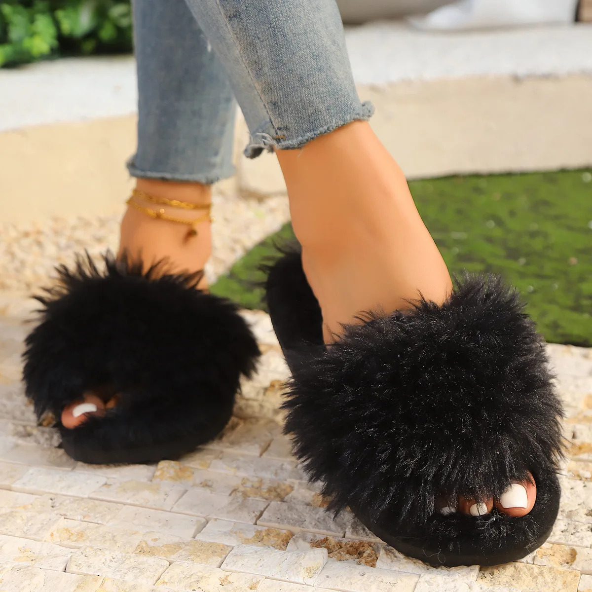 Fluffy Slippers Womens Home Plush Slides Woman Fur Living Room Shoes Fashion Female Indoor Comfort House Flip Flop Eva 251031