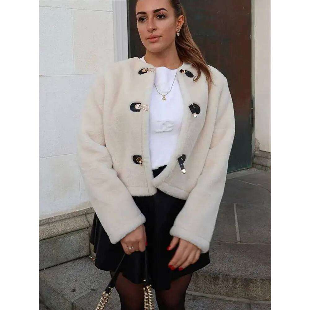 HH Woman Autumn Casual Fur Coats Long Sleeve O-Neck Single Breasted With Pockets Loose Jacket Female Winter Warm Short Coat