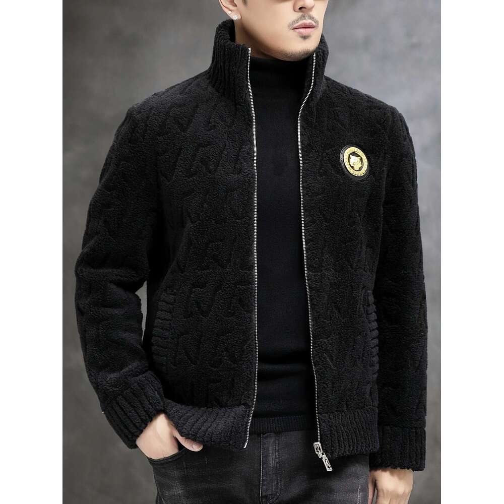 Men's Faux Fur-Lined - Casual Business Style, Warm Slim Fit, Full-Zip With And Ribbed Cuffs For Fall/Winter, Autumn Outerwear Stand Collar Jacket