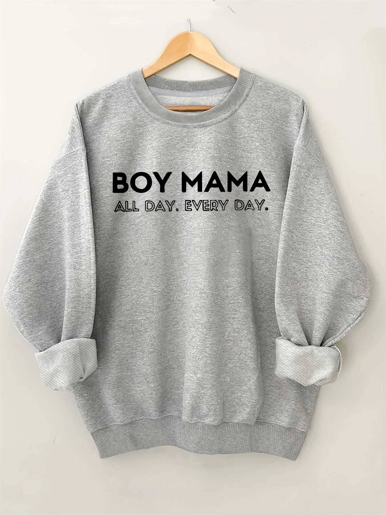 Womens autumn and winter casual loose and warm BOY MAMA printed comfortable plus velvet long sleeved round neck pulloverT251105