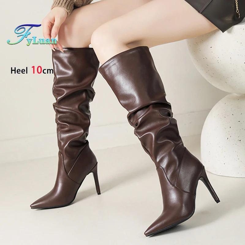 2025 Winter Knee Boots With Heels Woman 10CM Stiletto Fashion Slip on Pointy Autumn Shoes Women Soft Leather Pleated Long Boots 251031
