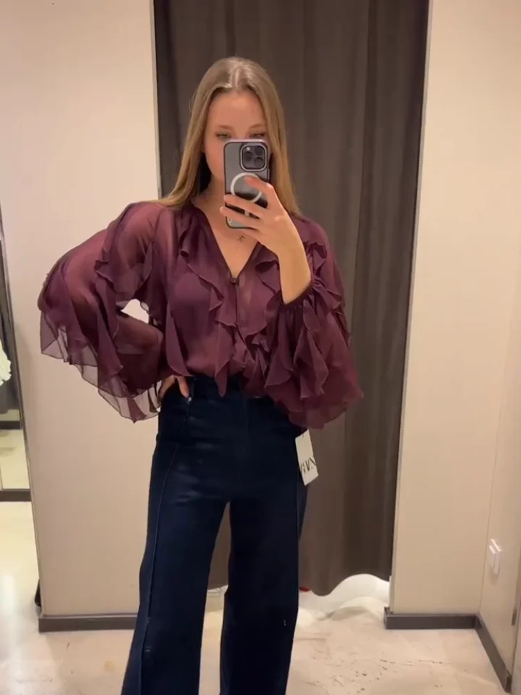 Fashion Burgundy V-neck Layered Ruffle Shirt Elegant Womens Full Sleeve Loose Shirt Spring Womens Decorative Office Set 250402