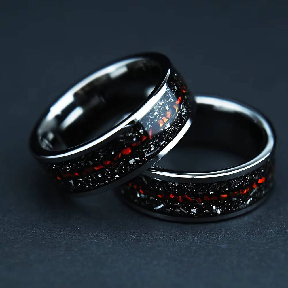 New Arrival 8mm Tungsten Men Ring Inlay Natural Red Opal and Sandstone Meteorite Anniversary Engagement Ring
