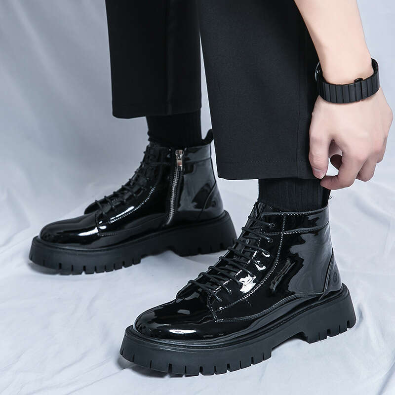 Men's shoe plus size new casual fashionable mid top Martin Korean version trendy side zipper leather boots