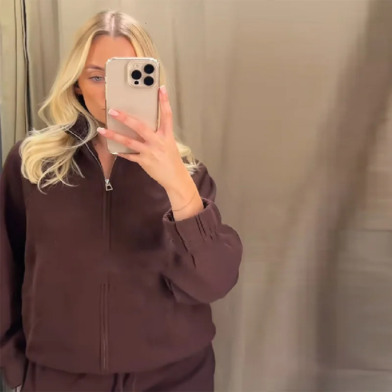 Casual Solid Womens Jacket Pant Set Women Zipper Full Sleeve Stand Collar Coat Drawstring Loose Trouser 2025 Autumn Lady Outfit 251105