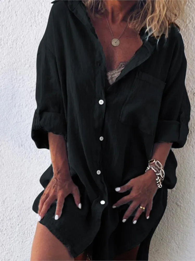 Summer Womens Clothing Fashion Cotton Linen Pocket Beach Fashion Button Up Shirt Long Sleeved Casual Comfortable 250402