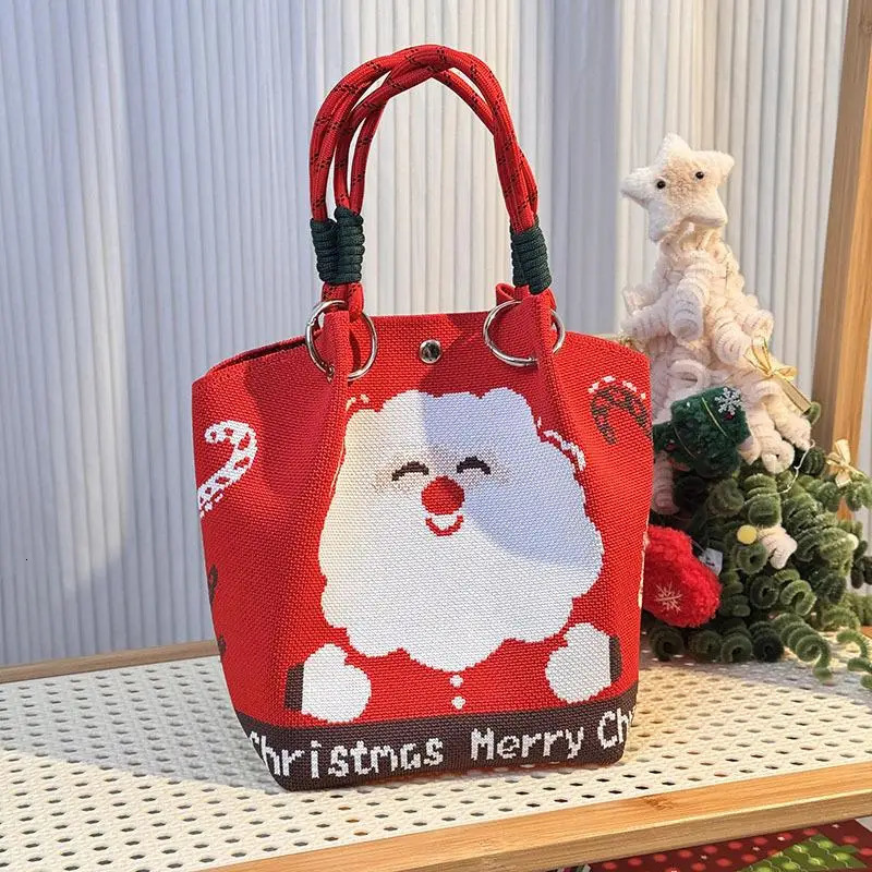 Cartoon Reindeer Santa Claus Knitted Bucket Bag For Women Fashion Large Capacity Portable Handbag Christmas Knitted Gift Bag 251104