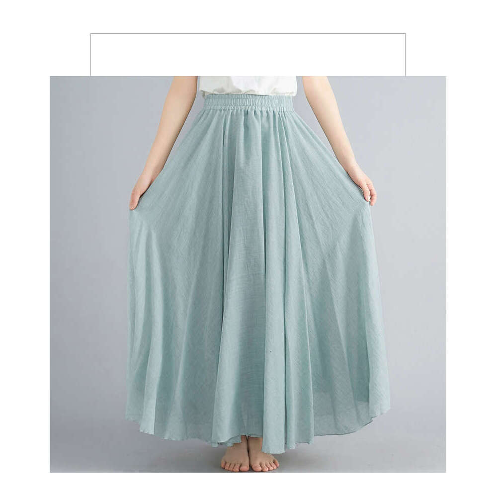 Mori Girl Artistic Plus Size Cotton Elastic Waist Linen A-Line Long Solid Color Ethnic Style Flared Skirt B5