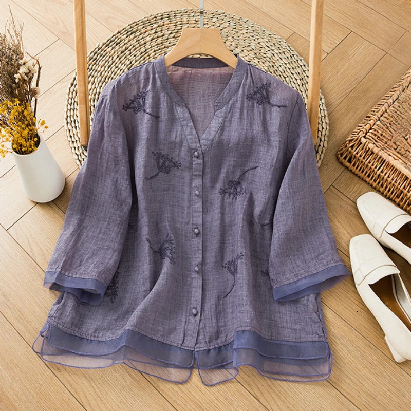 Chinese Style Womens Shirt Cotton Linen Vintage Blouses Loose Embroidery Clothing Short Sleeves Summer Women Tops 250402