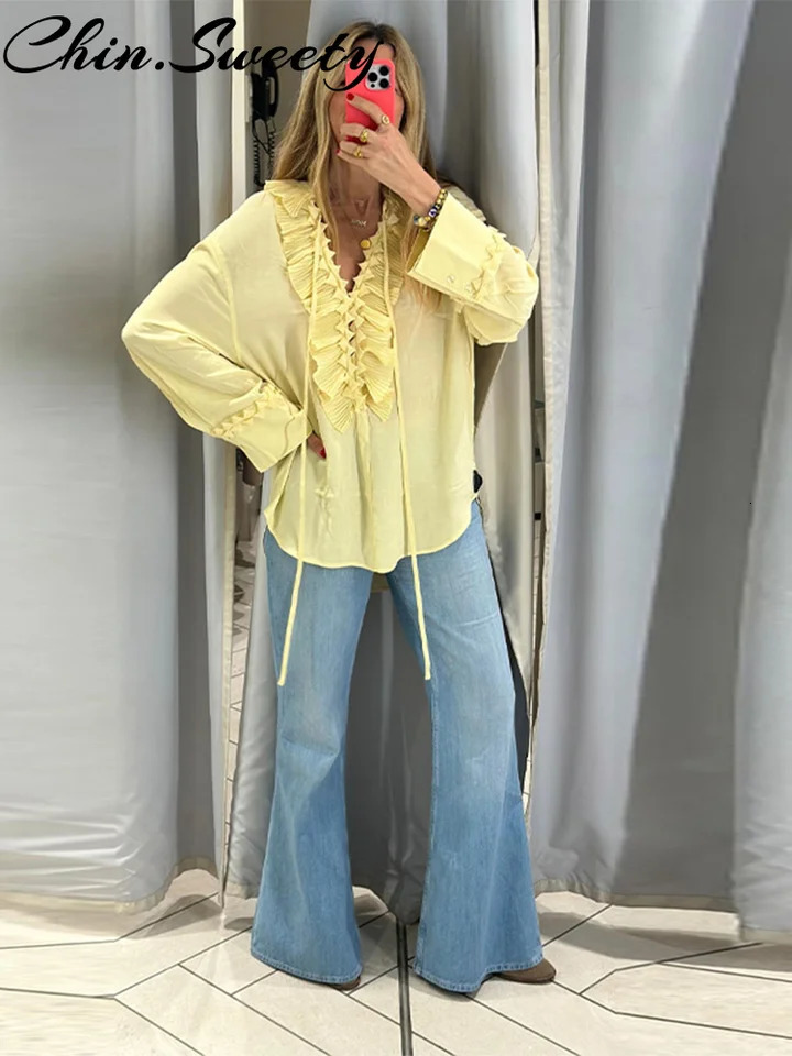 Vacation Chiffon Lace Up Shirt Women Solid Ruffle Long Flare Sleeve V-neck Loose Shirts Female 2025 Spring Summer Chic Top Lady 250402