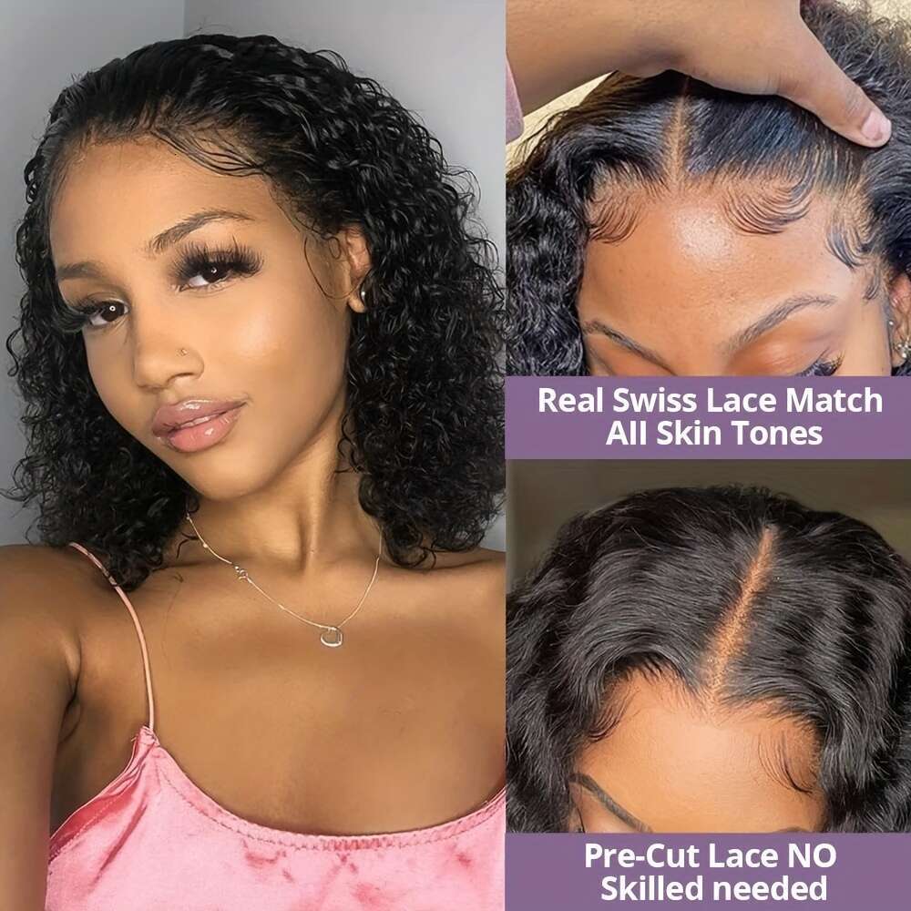 4X4 Glueless Bob For Women Curly Front Human Plucked Pre Cut Lace Ready To Wear 180% Density Black, Put On And Go Wig, Natural Hair Solution, Kinky Cu