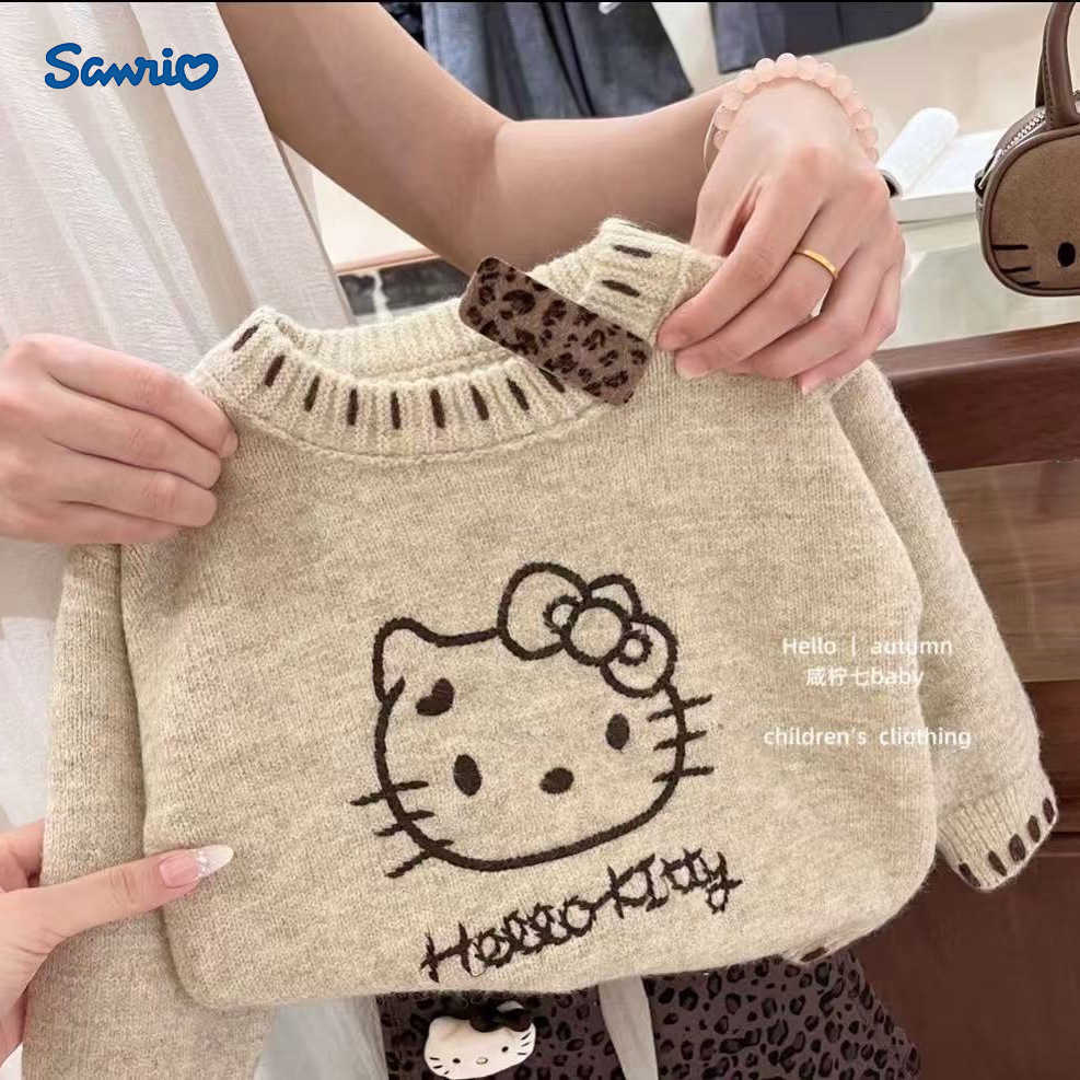 Sanrio Girls Sweater Autumn Winter Outfit Baby Girl Stylish Warm Knitted Sweater Children Cartoon KT Cat Base Shirt Kids Clothing Top H251105