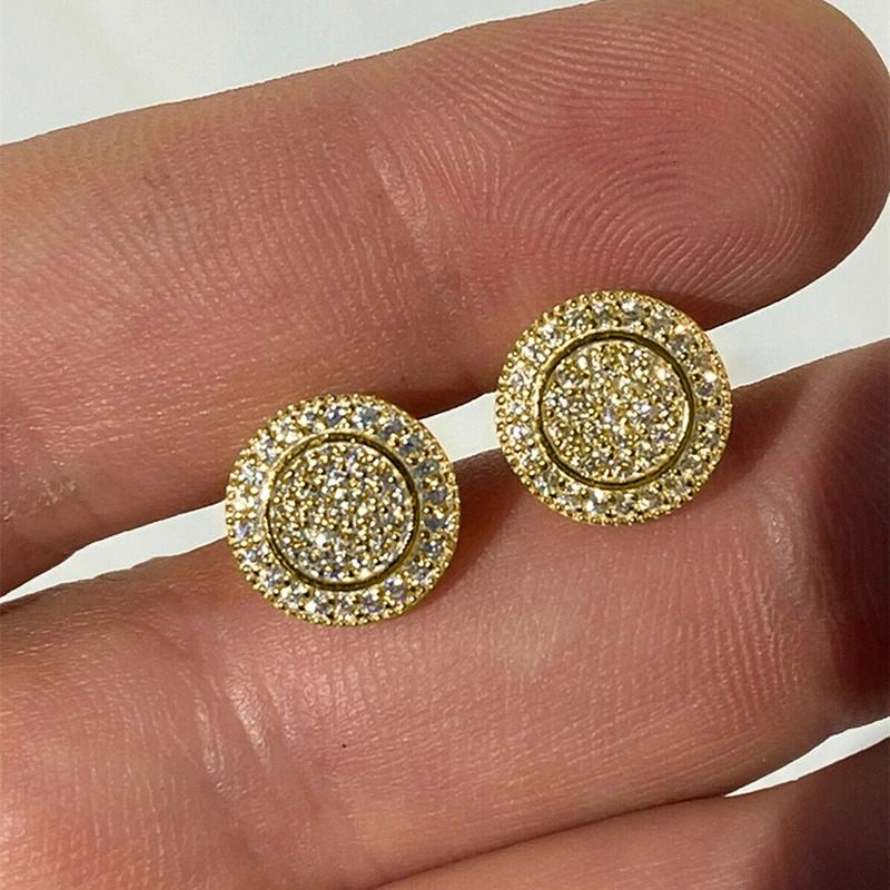 Huitan golden round stud earrings suitable for women fully covered with bright cubic zirconia fashion version womens jewelry in bulk 250326