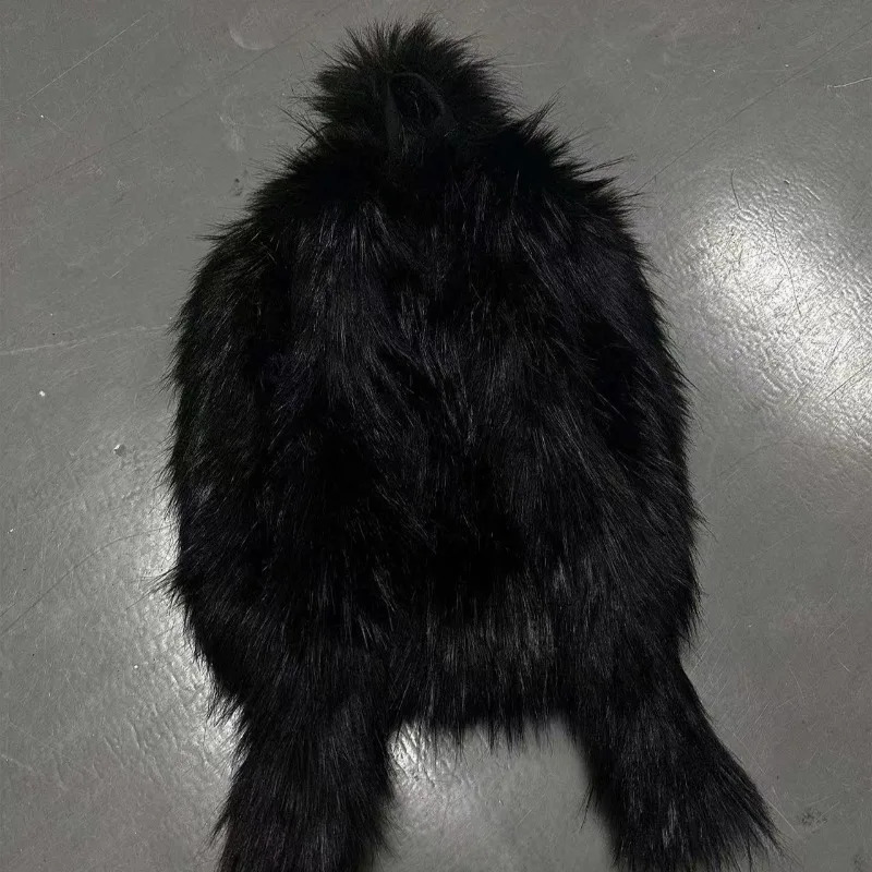 Vintage Print Fluffy Backpack Personality Y2k Aesthetic Fashion Schoolbags Women Casual Harajuku Streetwear All Match Backpacks 251104