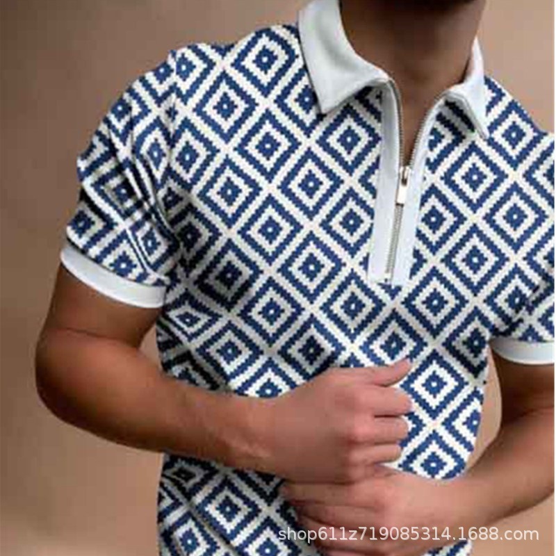 Spring New Fashionable Casual Pop Printed Polo Shirt Zipper T-shirt for Men