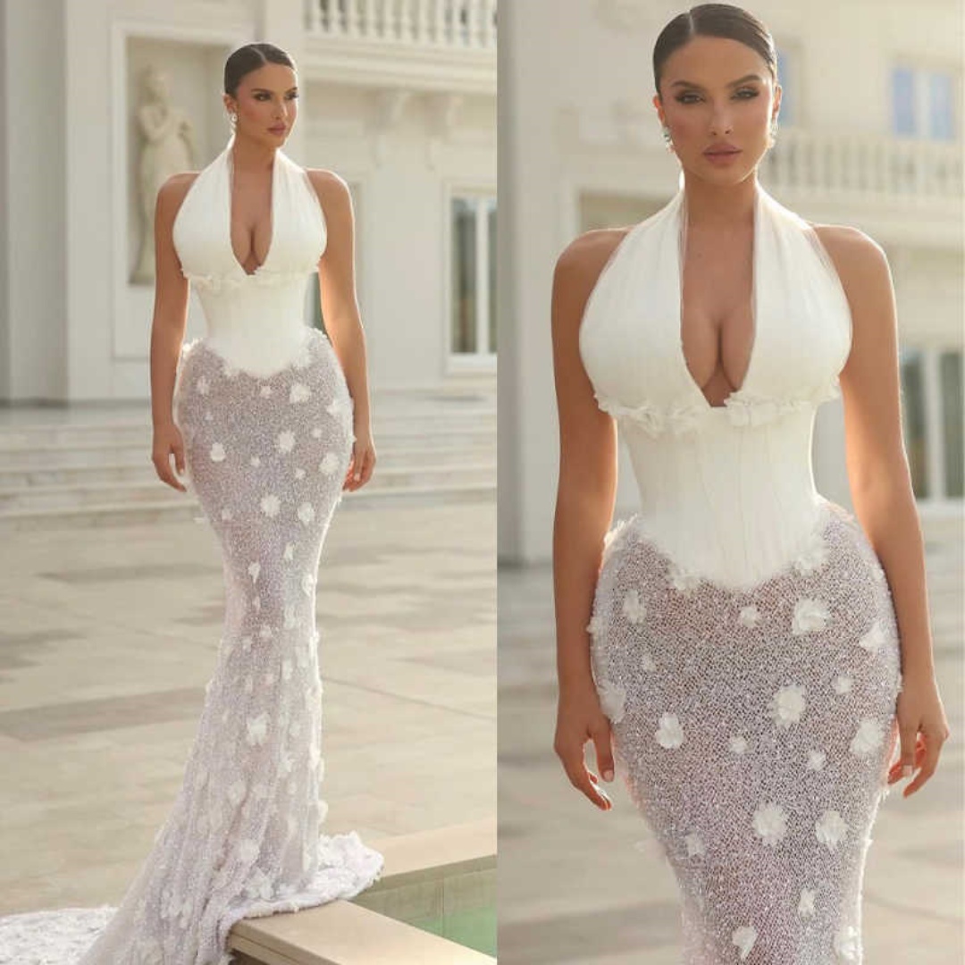 Modern Mermaid Evening Dress Hanging Neck Prom Gowns Sexy Flower Beads Satin Prom Dress vestidos de novia Plus Size Customized Robes De Mariee L252958