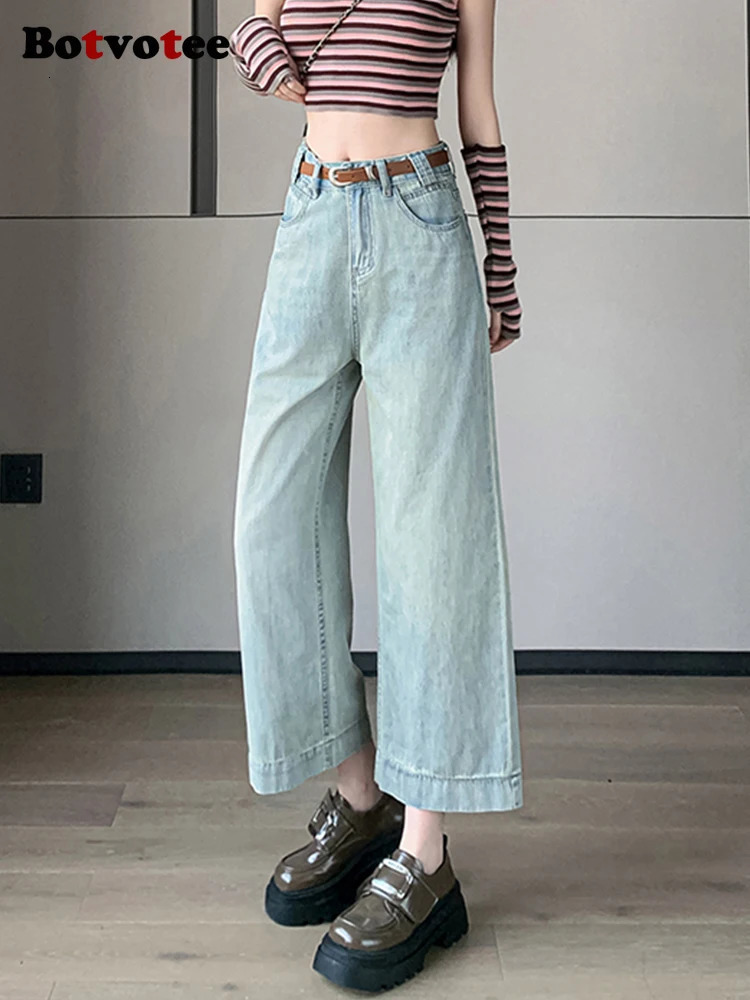 Botvotee Ankle Womens Jeans Summer Korean Fashion Straight Wide Leg High Waist Denim Pants White Blue Cut 250403