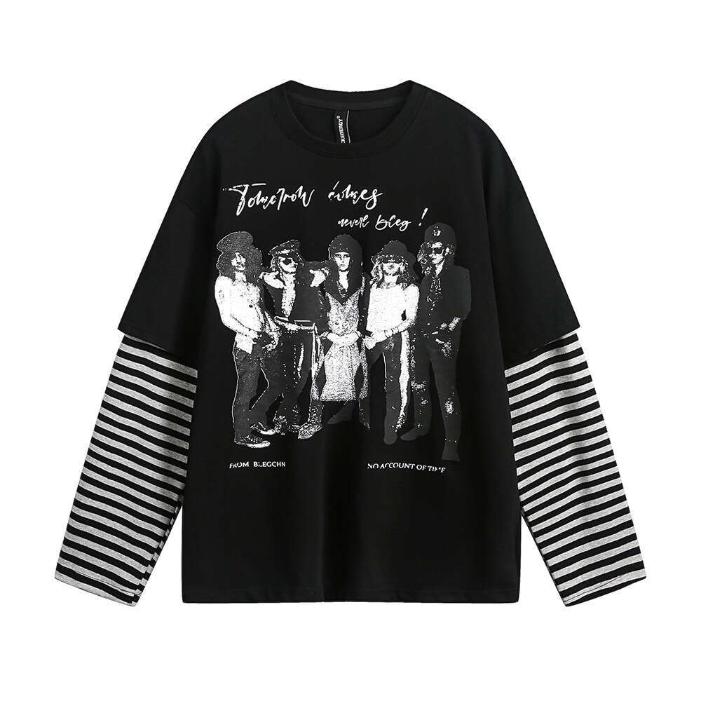 Hip Hop Rock Portrait Print Fake Two-Piece Long Sleeve T-Shirt Patchwork Striped Loose Top Spring Autumn Men's Street Fashion