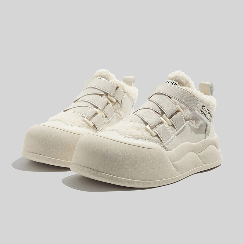 Lamb fleece high-top white shoes women's winter new casual shoes warm two cotton shoes round toe snow boots2025
