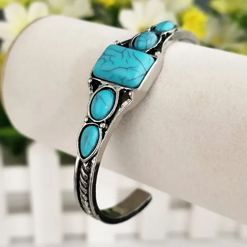 1pcs style personality retro turquoise carved hollow geometry light accessories bracelet adjustable opening bracelet 251031