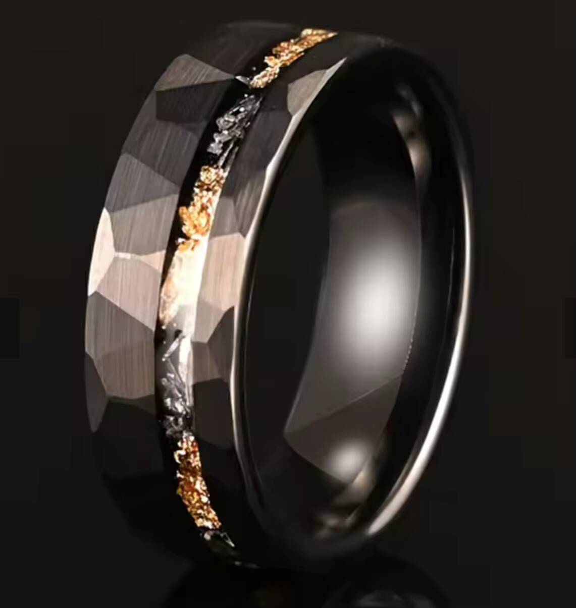 8mm 6mm Meteorite and Gold Leaf Inlay Ring Black Hammered Solid Tungsten Wedding Mens Band Ring Tungsten Wedding Ring Sets