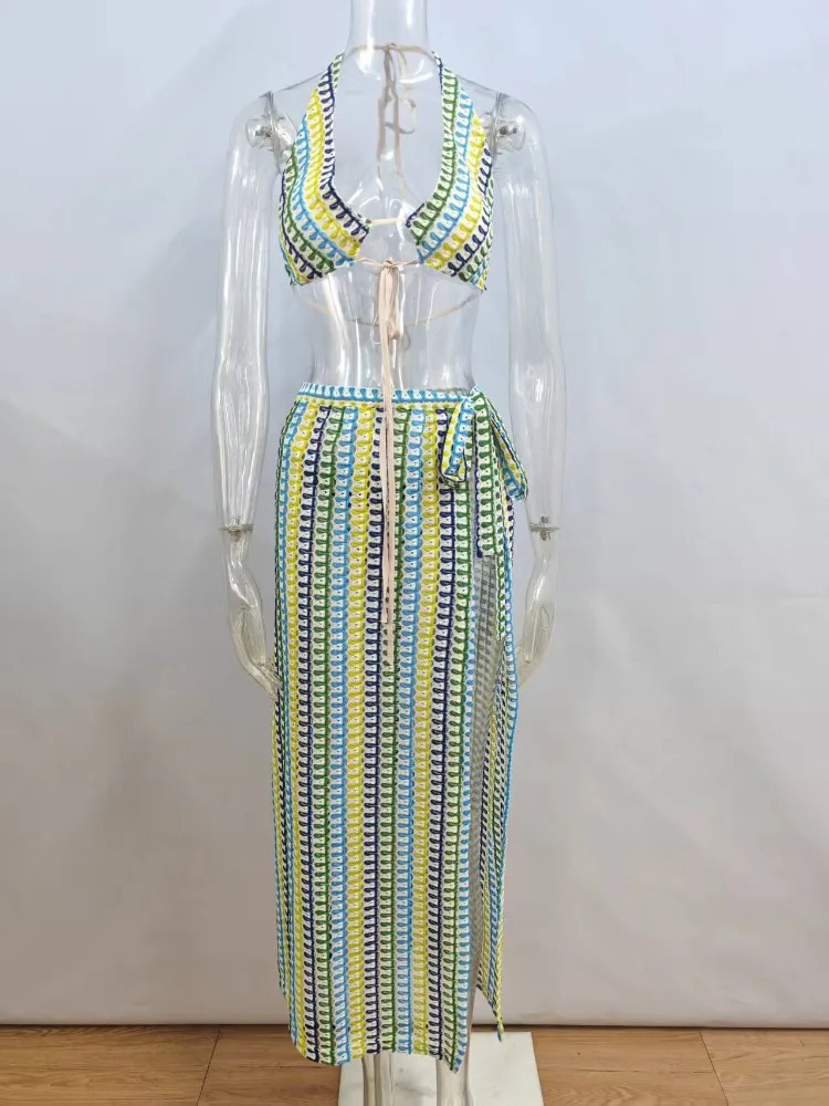 Green Knitted Beach Skiing 3-Piece Fashion Holiday Bohemian Bikini and Slit Skiing Set Summer Elegant Sexy Dress Set 250401