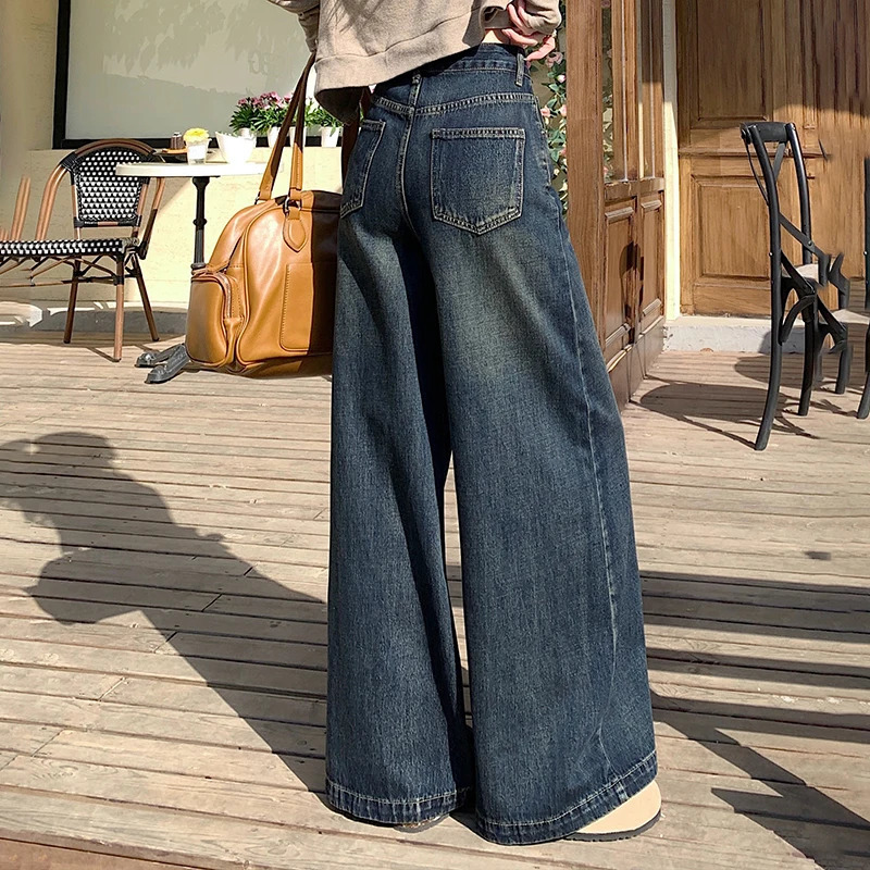 Womens loose retro casual denim Trouser streetwear womens high waisted straight jeans 250403