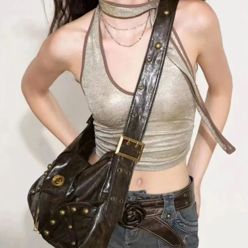 Girl Black Rivet Lock Tote Bag Women Leather Large Capacity Shoulder Bags Ladies Y2k Aesthetics Harajuku Crossbody Bag 2025 251031