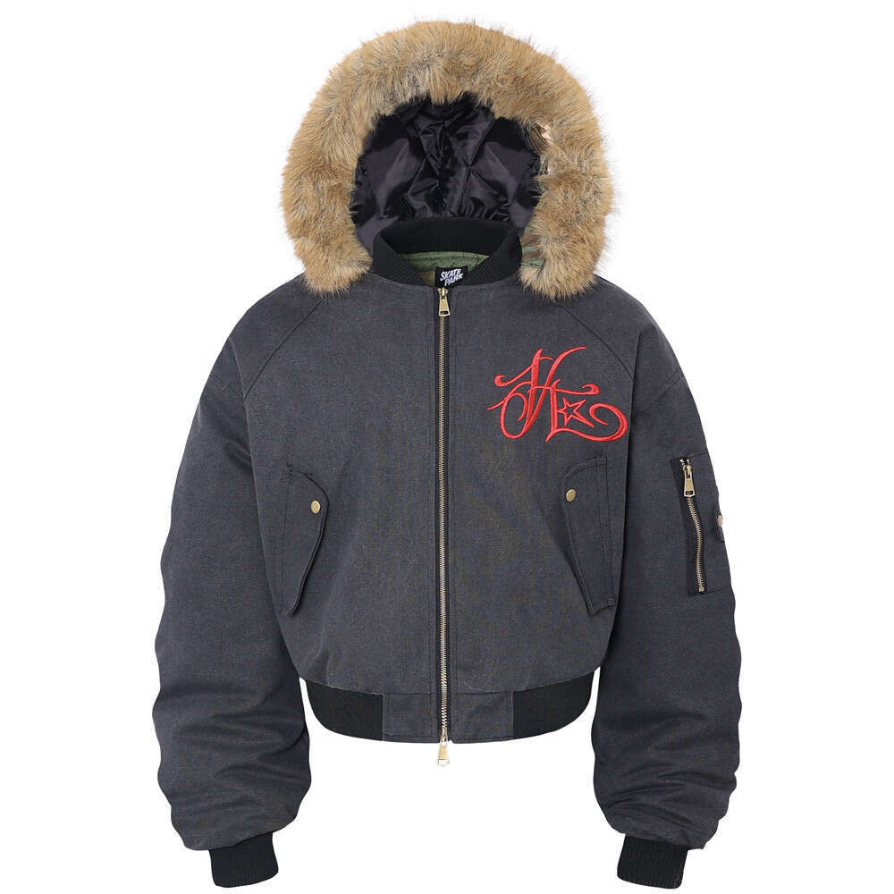 Letter Embroidery Hooded Cotton Flight Men's Winter Wrinkled Hat Fur Collar Detachable Baseball Jacket Coat