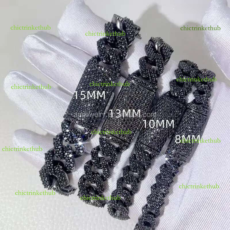 Wholesale VVS Black Moissanite Miami Cuban k Chain 8mm 10mm 12mm 14mm 18mm HipHop Necklace Bracelet Men Jewelry