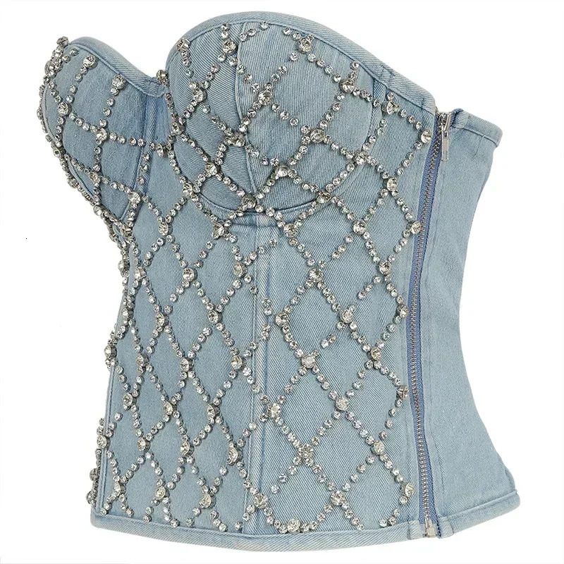 Womens denim tube top tight corset cut top diamond bead strapless vest lace zipper Bustier bra nightclub party vest top 250403