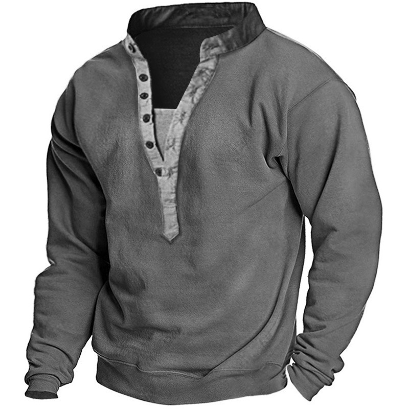Spring new mens standing collar printed military uniform top mens long sleeved T-shirt mens