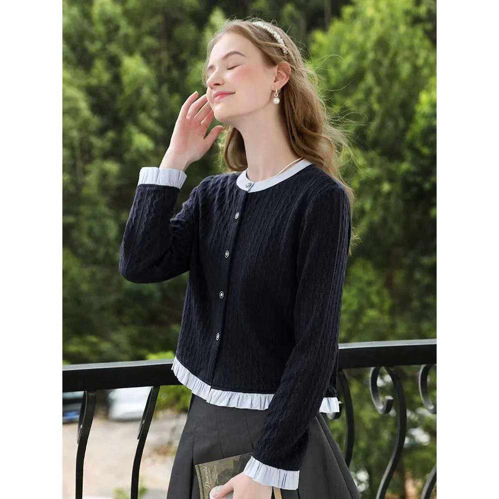 Fake Two College Blue Jacquard Knitted Cardigan Women Autumn O-Neck Soft Loose Tops Office Lady