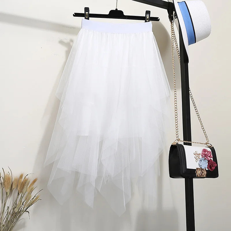 Womens Half Length Skirt Irregular Mesh High Waisted Versatile Slimming A-line Fluffy Gauze Medium Length Half Length Skirt 250402