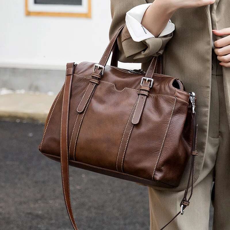 WOONAM Grain Genuine Calf Leather Bag Office Lady Large Boston Top Handle Shoulder Handbag WB695