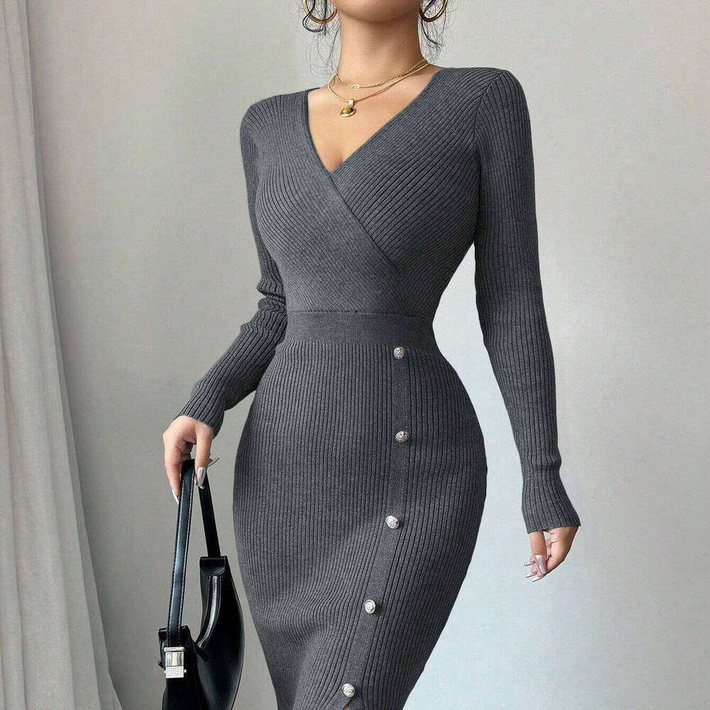 2025 French Style Autumn Winter Waist-Cinching Mid-Length Bodycon Inner Layer Tight Knitted Dress