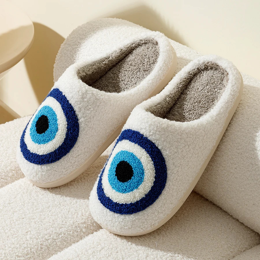 Evil Eyes Blue Embroidery slippers High Quality Women Men Slippers Fashion Pattern Shoes Warm Home Devils Eyes Houseshoes 251031