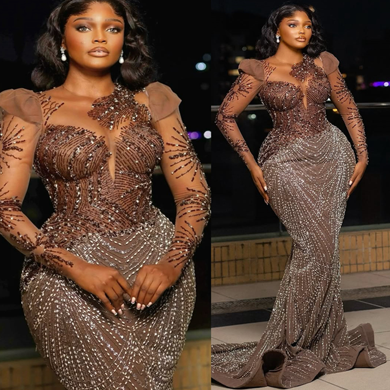 2025 Plus Size Brown Prom Dress Mermaid Prom Dresses Evening Formal Gowns Long Sleeves Sheer Neck Beaded Lace For Black Women Birthday Second Receptio