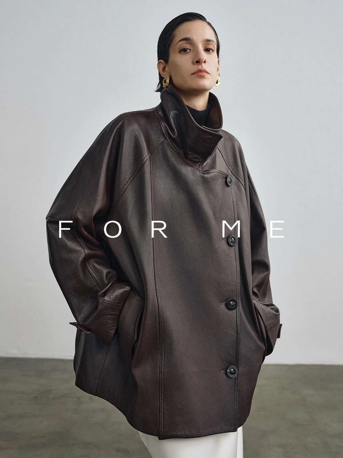 Lautaro Spring Autumn Cool Brown Oversized Pu Leather Jacket Women Raglan Sleeve Designer American Retro Clothing 2025