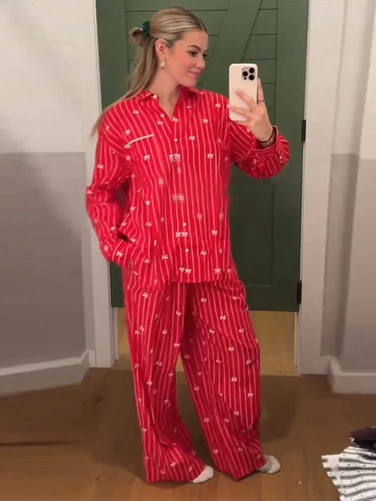 Print Pajama Skirt Pant Loose Two Piece Suit Lapel Neck Full Sve Top Empire Waist Pant Set 2025 Female Christmas Outerwear W251104