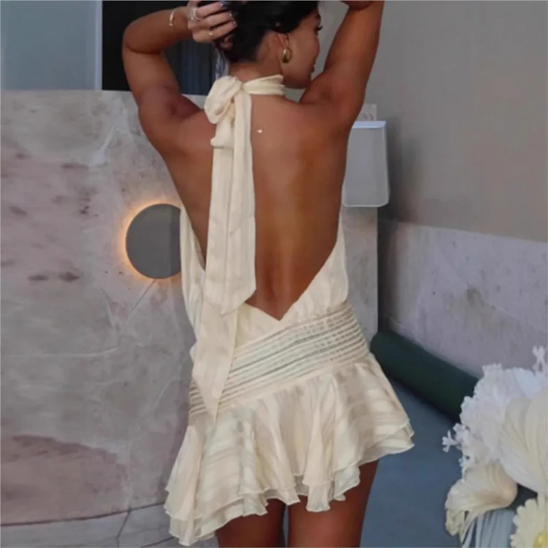 Elegant womens chiffon camisole mini dress for spring and summer 2025 sexy backless wrapped waist lace party vest 250403