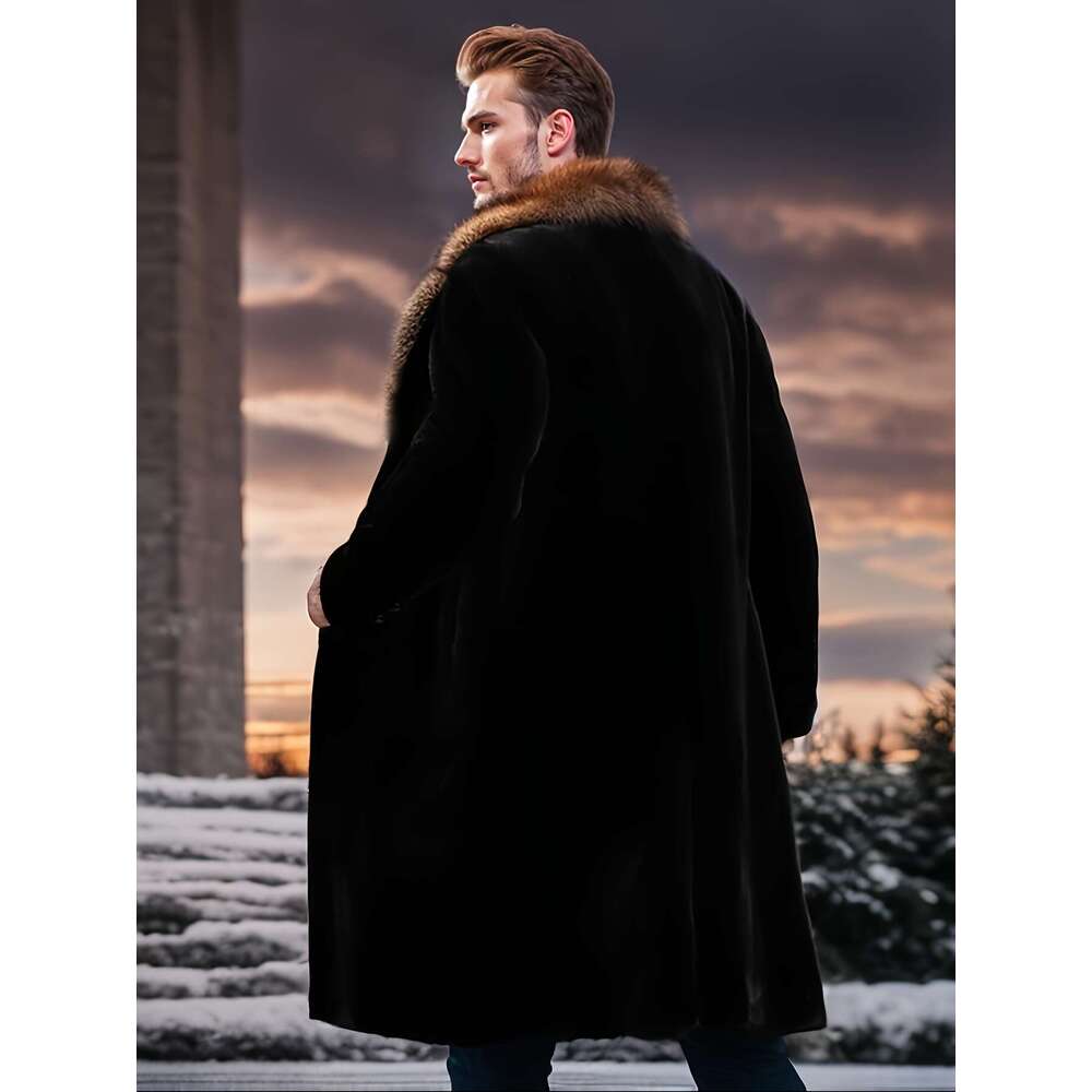 Warm Coat Winter Warm Faux Fur For Men | Thickened Fece-Lined Long Coat With Lapel Collar, Sing-Breasted Button Front Pockets, Black Casual & Business