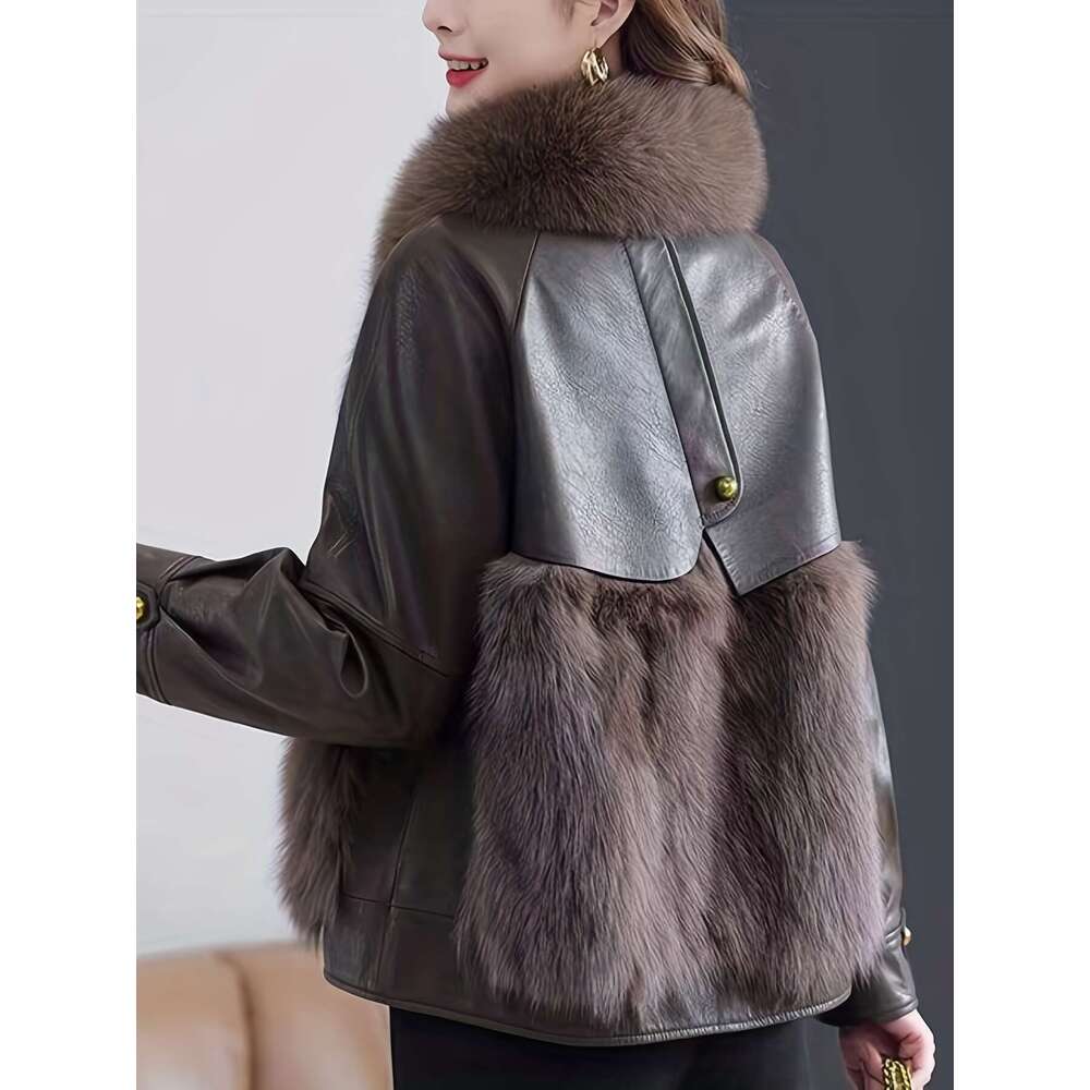 Faux Fur Jacket Thickened Polyester Women's Winter Jacket | Faux Fur-Lined, Drop Shoulder Sleeves, Single-Breasted Button Front, Suede Texture, H