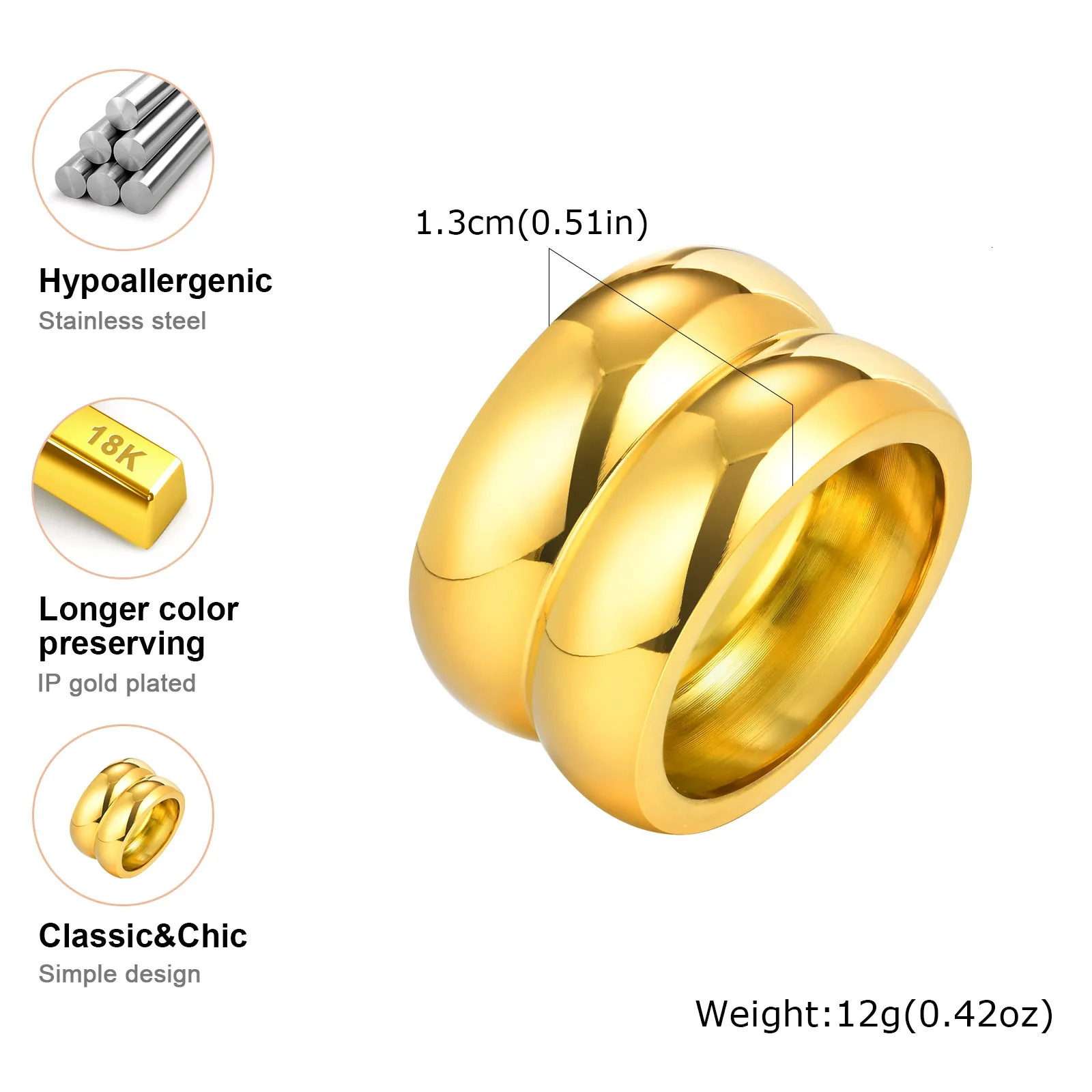 Vnox Smooth Gold Plated Wide Chunky Rings For Women MenStainless Steel Simple Double Layer RingsUnisex Jewelry Waterproof 251031