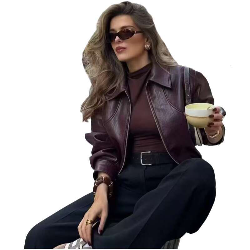 Manufacturer In Stock Foreign Trade Women's Clothing Wholesale 2025 New American Retro Simple Turn-Down Collar Zipper Leather Jacket