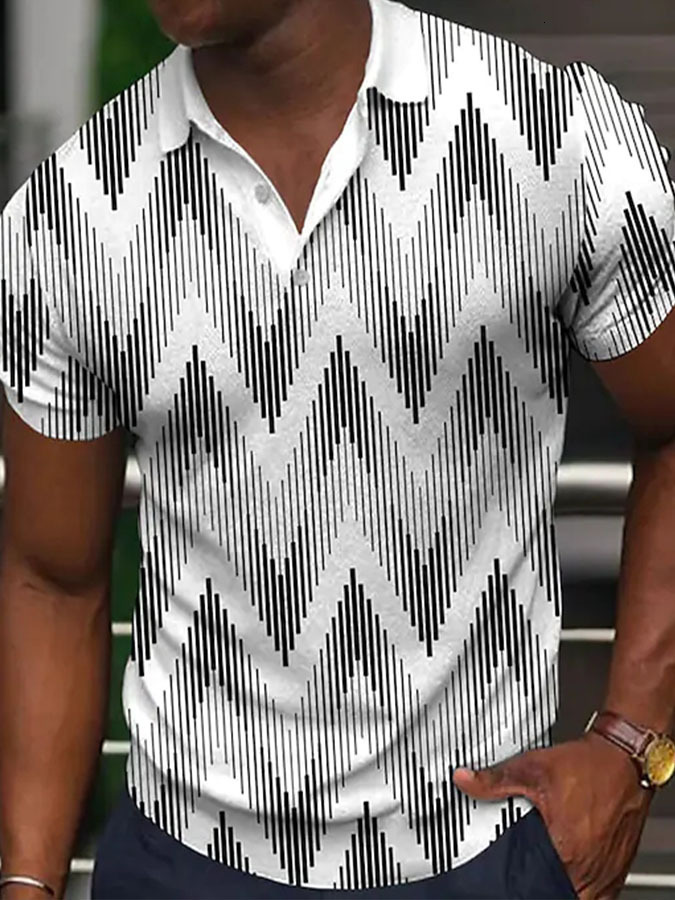 Summer new mens casual personality 3D printed buckle short sleeved casual polo