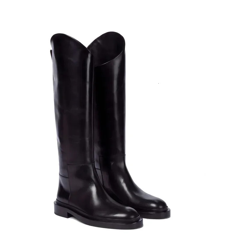 European and American Autumn and Winter Fashionable Round Toe Knee Length Flat Leather Boots Size 3446 Womens Knight Boots 251031